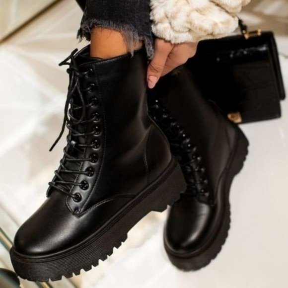 Shoes - Black Vegan Leather Side Zip Combat Boots